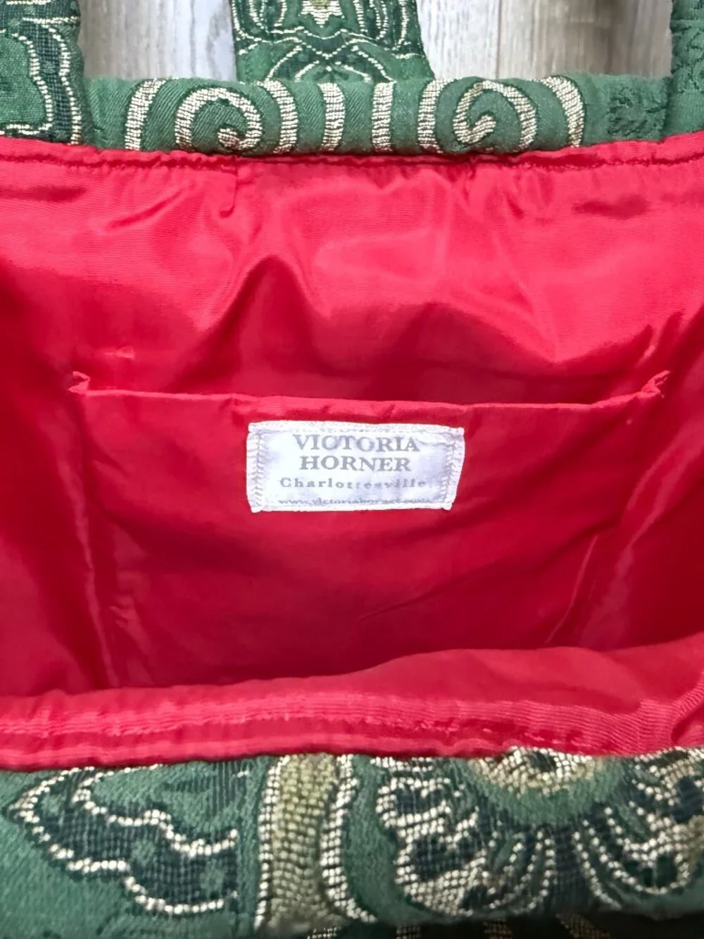 Victoria Horner Charlottesville Green & Gold Jacquard Fabric Doctor’s Bag EUC